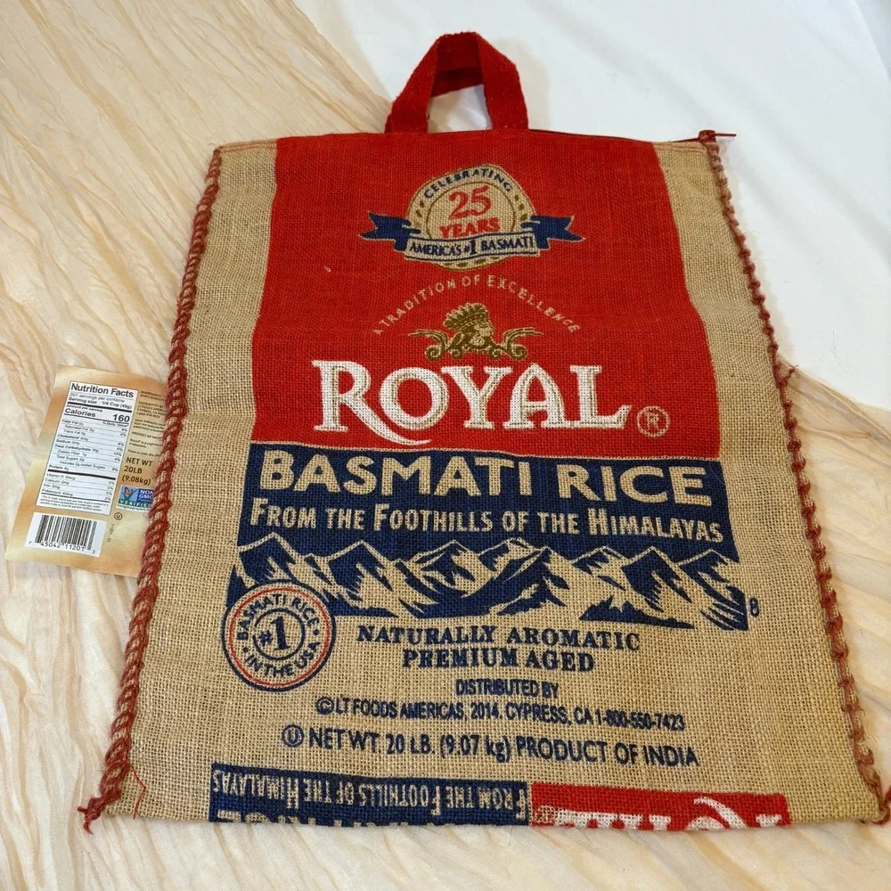 Purse Royal Basmati Rice Tote With Handles‎ and Zipper, Burlap Bag, 20 lb size